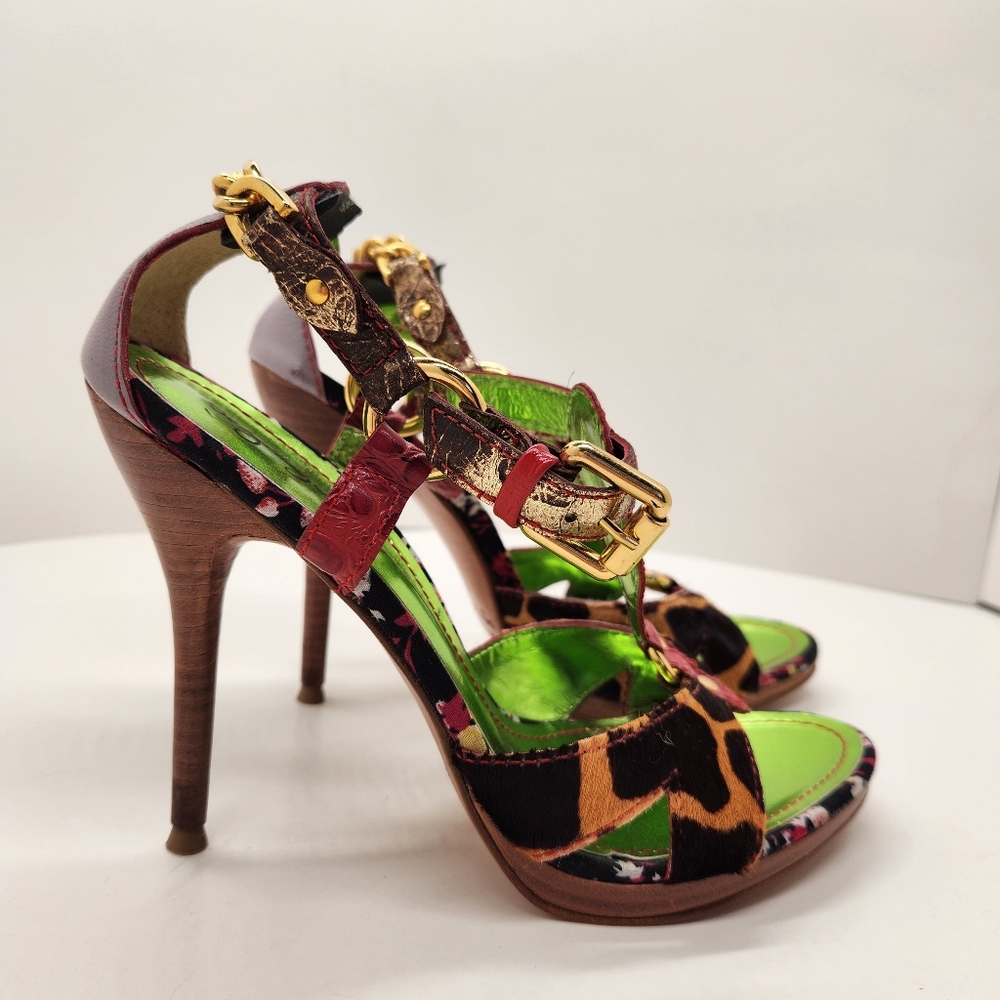 Sergio Zelcer Animal Print Heels with Red and Lime Accents